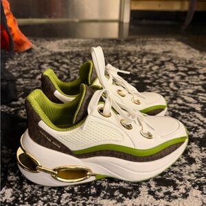 MICHAEL Michael Kors White and Green Sneakers with Gold Accents